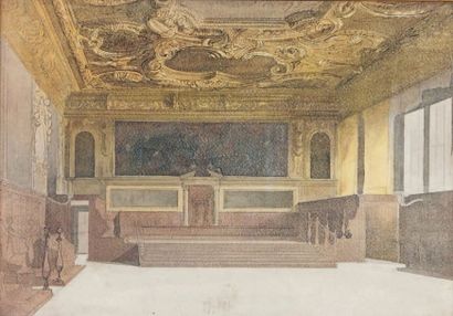 Attribué à Léon BONNAT (1833-1922) 
La grande salle du Sénat à Venise
Crayon, aquarelle.
30...