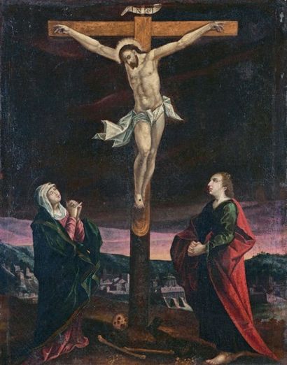 École Flamande du XVIIe siècle 
Le Christ en croix, la Vierge et saint Jean
Huile...