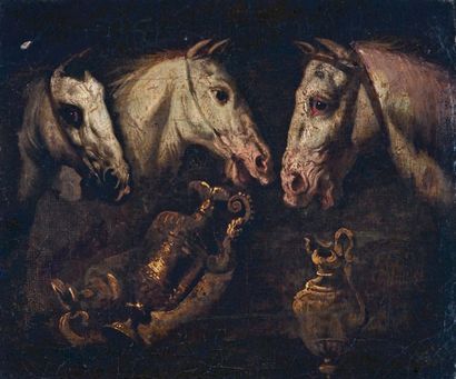 Ecole Flamande du XVIIIe siècle 
Têtes de chevaux et études de vases
Huile sur toile,...