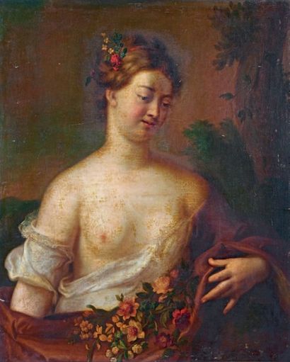ÉCOLE FLAMANDE dans le goût du XVIIIe siècle 
Jeune femme et guirlande de fleurs
Huile...