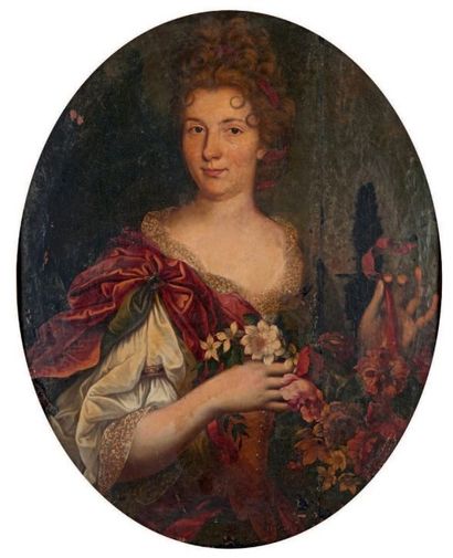 ÉCOLE FRANÇAISE de la fin du XVIIe siècle 
Portrait de jeune femme tenant une guirlande...