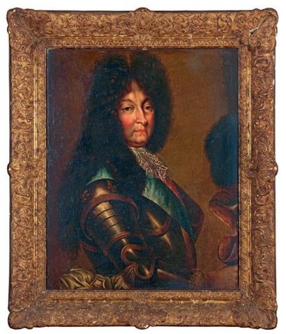 ÉCOLE FRANÇAISE de la fin du XVIIe siècle 
Portrait de Louis XIV en armure
Huile...