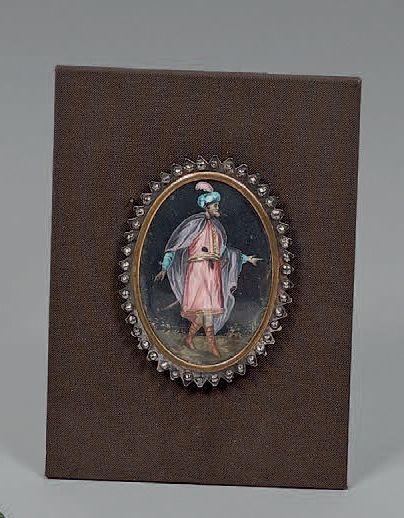École Orientaliste, fin du XIXe siècle Portrait d'un homme en costume oriental.
Miniature...