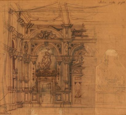 École Française du XIXe siècle 
Projet de décor
Plume, lavis, trois dessins dans...