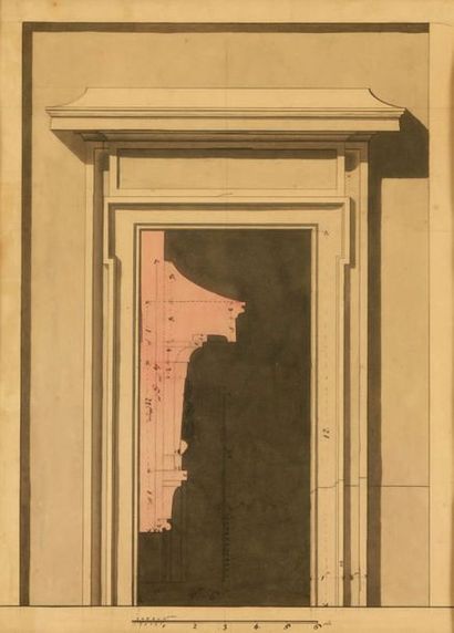 École FRANÇAISE du XVIIIe siècle 
Étude de fenêtre
Pierre noire, lavis et aquarelle,...