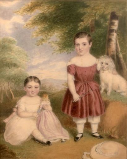 ECOLE ANGLAISE DU XIXe SIÈCLE 
Portrait d'enfants et leur chien
Deux aquarelles formant...