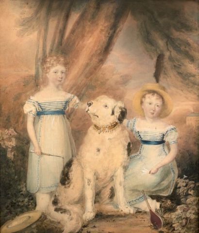 ECOLE ANGLAISE DU XIXe SIÈCLE 
Portrait d'enfants et leur chien
Deux aquarelles formant...
