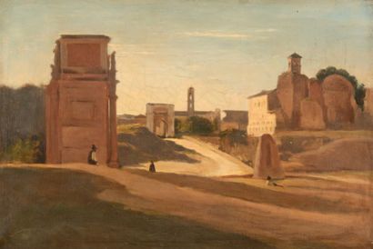 École Française du XIXe siècle 
Vue du Forum à Rome, d'après Corot
Huile sur toile.
(Petits...