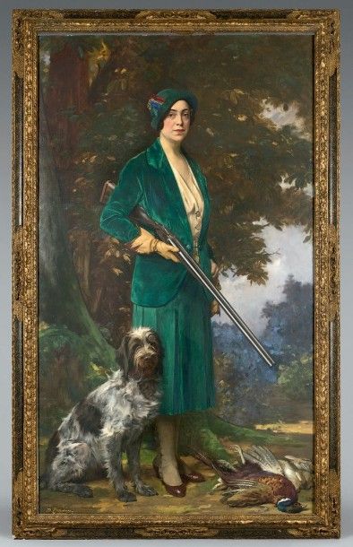 Hubert-Denis ETCHEVERRY (1867-1950) 
Portrait en pied de Madame Delage à la chasse
Huile...