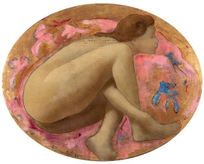 Alain BONNEFOIT (né en 1937) Le coussin rose, 1988
Huile sur panneau de forme ovale,...