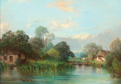 Camille FLERS (1802-1868) Lavandières près de la chaumière, 1842
Pastel, signé et...