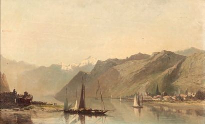 Eugène DESHAYES (1828-1890) Voiliers sur le lac
Huile sur toile, signée en bas à...