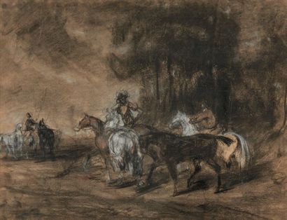 John Lewis BROWN (1829-1890) Chevaux en main
Fusain et craie blanche, signé vers...