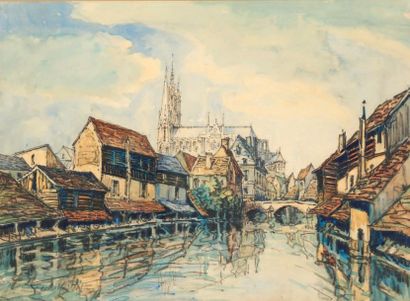 FRANK-WILL (1900-1951) Moret-sur-Loing, un lavoir
Aquarelle sur traits de crayon,...