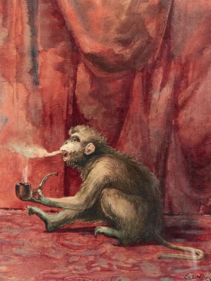 Charles Léon MÉRY (vers 1878-1921) Le singe fumeur de pipe
Aquarelle, signée en bas...