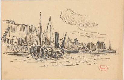 Maximilien Luce (1858-1941) Le Tréport, bateaux à quai
Deux dessins au crayon noir...