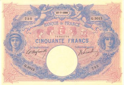 null 50 F bleu et rose type 1889. Billet du 27/07/1906.
Fay. 14-18. Sup, très bel...