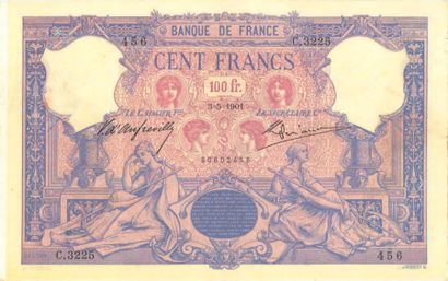 null 100 F bleu et rose type 1888. Billet du 3/05/1901.
Fay. 21-15.
TTB, bel aspect,...