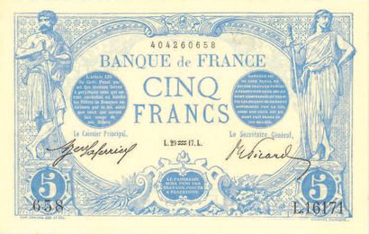 null Lot de 23 billets de 5 F.
5 F noir du 06/06/1873 (fente). Fay. 1-19.
5 F bleu,...