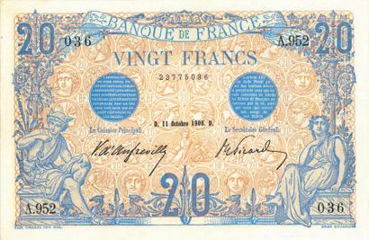 null 20 F bleu type 1905. 2 billets des 11/10/1906 et 9/04/1912.
Fay. 10-1 et 10-2....