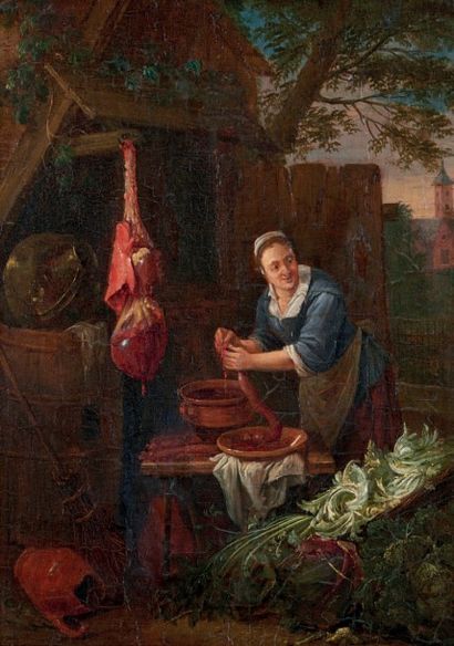 Adrien GRYEF (1670-1715) 
- Le fumeur
- La cuisinière
Deux huiles sur panneau parqueté,...