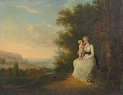 École FRANÇAISE de la fin du XVIIIe siècle 
Jeune femme et son enfant dans un paysage
Huile...