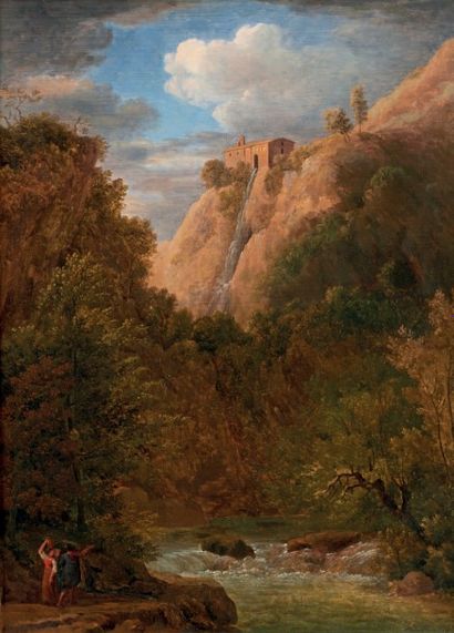 ATTRIBUÉ À JEAN-VICTOR BERTIN (1767-1842) 
Paysage à la cascade Huile sur toile,...