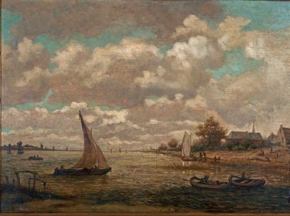 École HOLLANDAISE du XIXe siècle 
Paysage fluvial dans le goût de Van Goyen
Huile...