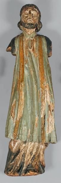 null Statue de diacre vêtu d'une tunique, en bois polychrome.
XVIIe siècle.
(Accidents).
Hauteur:...