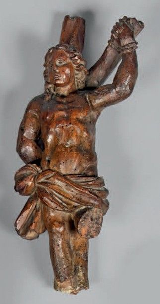 null Statuette de saint Sébastien en bois fruitier.
Époque Louis XIV.
(Accidents).
Hauteur:...
