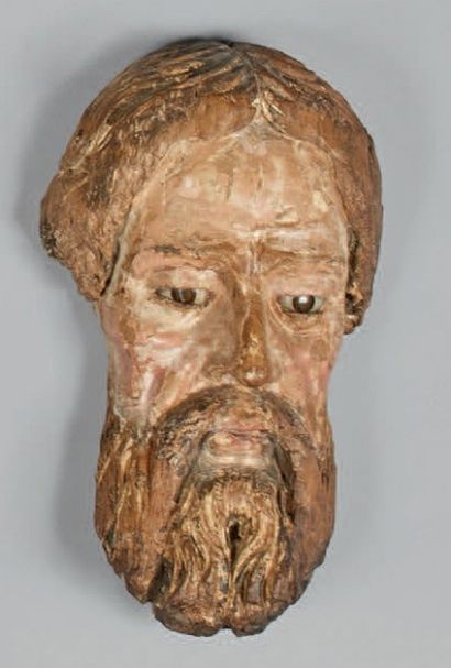 null Tête de Dieu le Père en bois sculpté polychrome avec yeux en verre.
Fin du XVIIe...