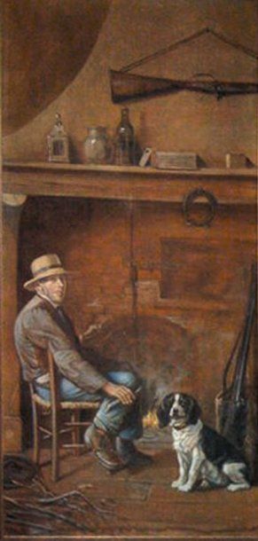Claudius SEIGNOL (1858-1926). Chasseur et son chien dans un intérieur.
Huile sur...