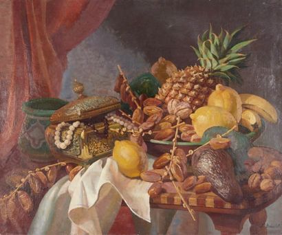 François BABOULET (1914-2010) Nature morte aux dattes, citrons, ananas et au coffret...