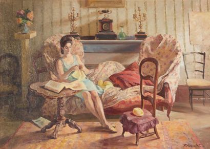 François BABOULET (1914-2010) Femme à son tricot dans un intérieur
Huile sur toile,...