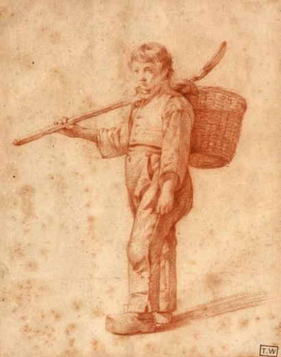 École HOLLANDAISE du XVIIIe siècle 
Jeune paysan portant un panier
Sanguine.
24 x...