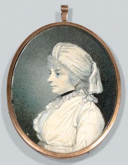 Ecole anglaise de la fin du XVIIIe siècle 
Portrait de femme
Miniature.
8 x 6 cm,...