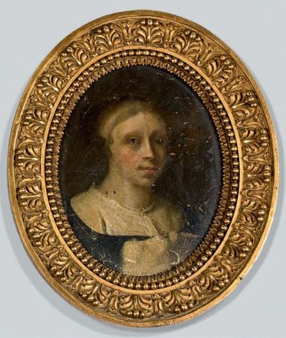 École Française du XVIIe siècle 
Portrait de jeune femme
Huile sur cuivre.
9 x 7,2...