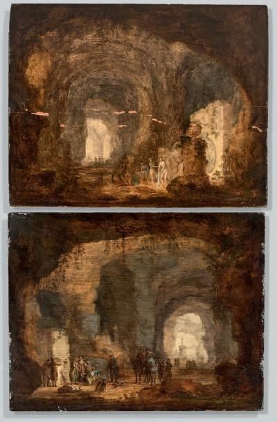 Ecole Flamande du XVIIIe siècle 
Grottes animées de personnages
Deux huiles sur panneau,...