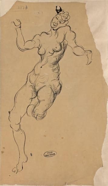 André DERAIN (1880-1954) Nu sur un pied
Dessin à l'encre sur papier calque, porte...