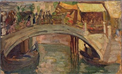 Luigi Moretti (1884-1950) Venise, gondole sous un pont
Huile sur toile. 23 x 37 ...