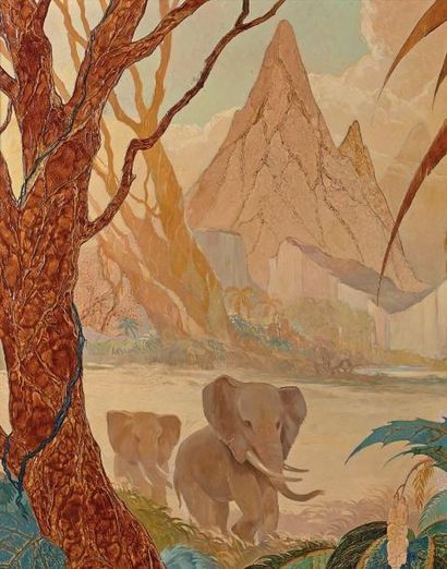 Gaston PRIOU (1913-1982) Les éléphants Peinture et peinture laque sur panneau, signée...