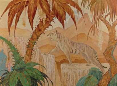 Gaston PRIOU (1913-1982) Le tigre Peinture et peinture laque sur panneau, signée...