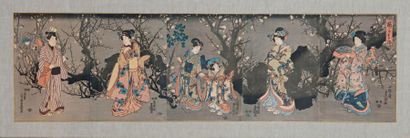 UTAGAWA TOYOKUNI III (1786 -1865) Pentaptyque oban tate-e, geishas se promenant sous...