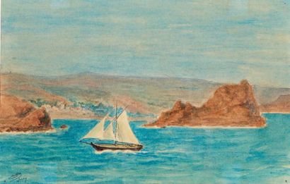 Henry de MONFREID (1879-1974)(nos 29 à 89) Voile blanche devant Jersey
Aquarelle,...