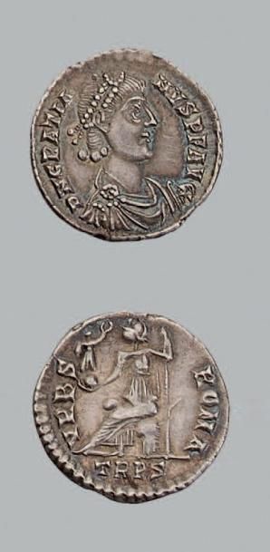null GRATIEN (367-383) Silique. Trêves.
Son buste diadémé à droite.
R/ Rome assise...