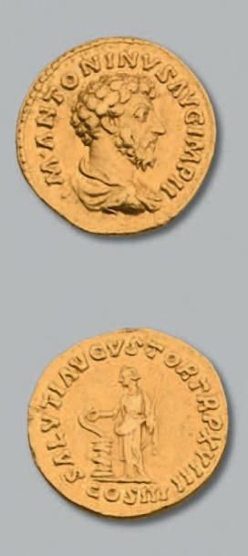 null MARC AURÈLE (161-180)
Aureus. Rome (164). 6,87 g.
Son buste nu, drapé et cuirassé...