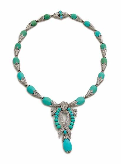 null Collier articulé, le centre orné d'un pendentif, l'ensemble serti de turquoises...