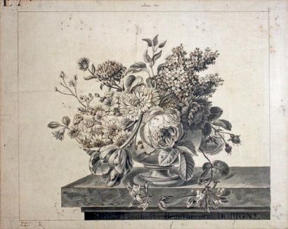 null - Carton de tapisserie au lavis gris: Vase de fleurs sur un entablement.
Marqué...