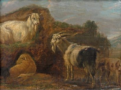 Ecole Italienne du XVIIIe siècle Troupeau de chèvre et un chien Huile sur panneau....