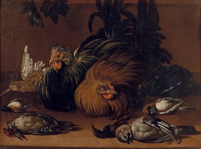 École HOLLANDAISE du XVIIe siècle Coq et poule Huile sur toile rentoilée. 61 x 82,5...